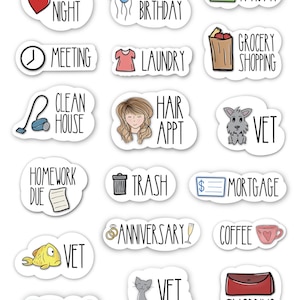 May include: A collection of planner stickers with various designs and text. Stickers include "Date Night" with hearts, "Happy Birthday" with balloons, "Payday" with a check, "Meeting" with a clock, "Laundry" with a shirt, and "Grocery Shopping" with a bag.