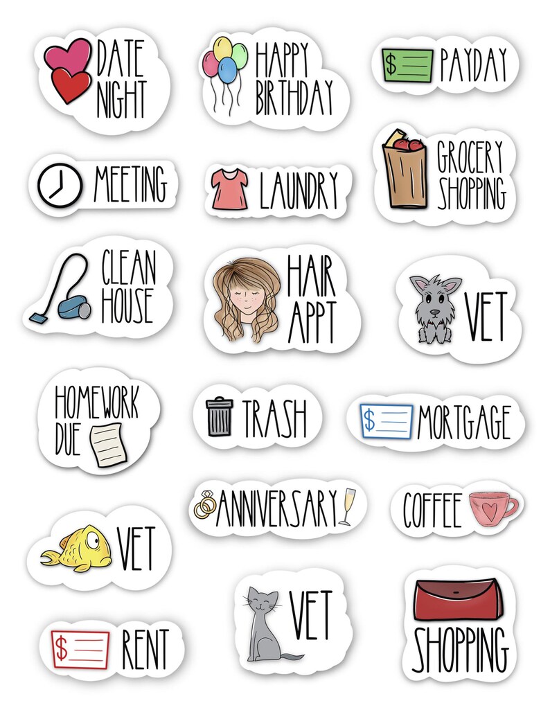 May include: A collection of planner stickers with various designs and text. Stickers include "Date Night" with hearts, "Happy Birthday" with balloons, "Payday" with a check, "Meeting" with a clock, "Laundry" with a shirt, and "Grocery Shopping" with a bag.