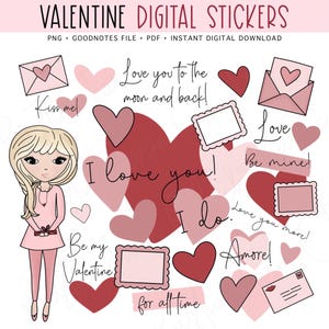 Valentine&#39;s Day Digital Planner Stickers: Love Phrases, Hearts, GoodNotes Stickers