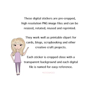 Pu&ograve; includere: Adesivi digitali con un'illustrazione di una ragazza bionda, con una maglia e pantaloni viola. Il testo indica che gli adesivi sono file PNG pre-ritagliati, adatti per biglietti, blog, scrapbooking e altri progetti creativi.