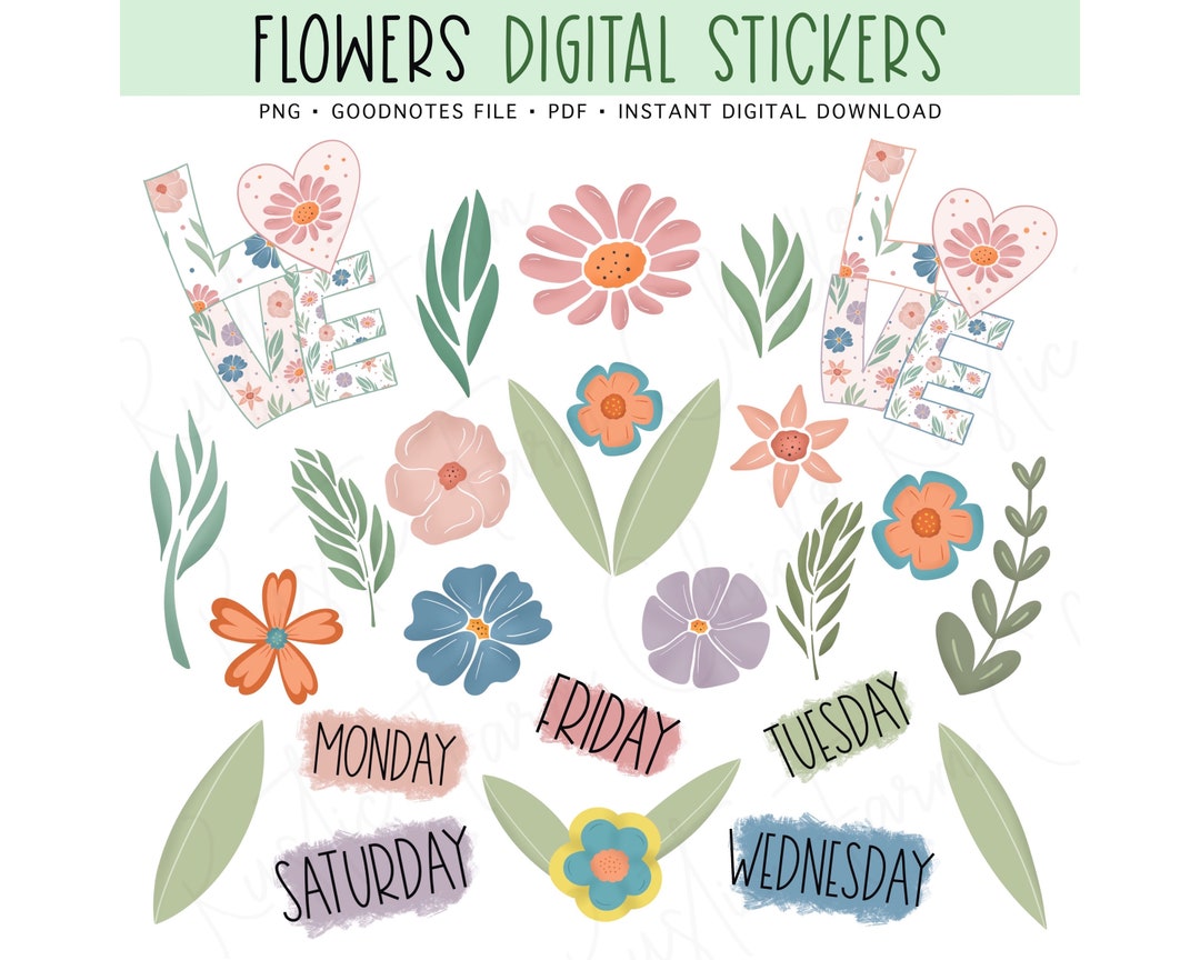 FLOWERS Digital Stickers for Goodnotes, Garden Precropped Digital