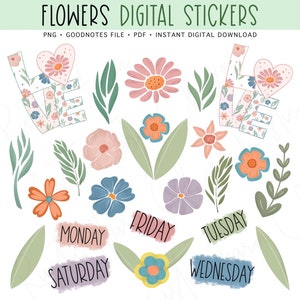 FLOWERS Digital Stickers for GoodNotes, Pre-cropped Digital Planner Stickers, GoodNotes Stickers, Bonus Stickers