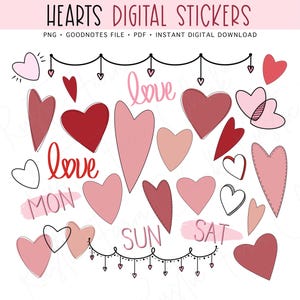 Hearts & Valentine Planner Stickers, GoodNotes Stickers, Pre-cropped Digital Stickers