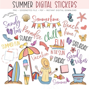 SOMMER Digitale Aufkleber, GoodNotes-Aufkleber, vorgeschnittene digitale Planer-Aufkleber, Bonus-Aufkleber
