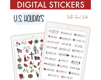 U.S. HOLIDAYS Digital Stickers, GoodNotes Stickers, American Holidays Pre-cropped Digital Planner Stickers, Bonus Stickers