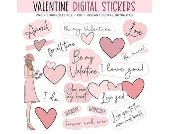 VALENTINE’S DAY Digital Stickers for GoodNotes, Pink Romantic Pre-cropped Digital Planner Stickers, Bonus Stickers