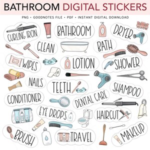 May include: Digital stickers with bathroom-themed illustrations. The stickers include items like a curling iron, lotion, a bathtub, a hair dryer, and the word "Bathroom". The text "Bathroom Digital Stickers" is at the top.