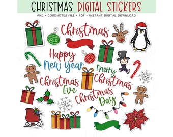 CHRISTMAS Digital Stickers for GoodNotes, Holidays Pre-cropped Digital Planner Stickers, Bonus Stickers