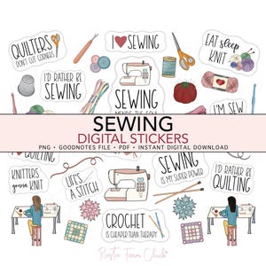 Può includere: Una collezione di adesivi digitali con disegni a tema cucito. Gli adesivi presentano macchine da cucire, rocchetti di filo, forbici e testi come "Amo cucire" e "Preferirei cucire". La tavolozza dei colori include bianco, rosa e verde acqua.