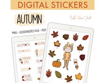 AUTUMN Digital Stickers for GoodNotes, Fall Season Pre-cropped Digital Planner Stickers, Bonus Stickers