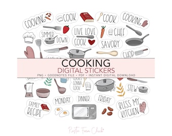 Digitale stickers KOKEN, GoodNotes keuken voorgesneden digitale plannerstickers, voorbereiding voedselmenuplanning, chef-kok, bonusstickers