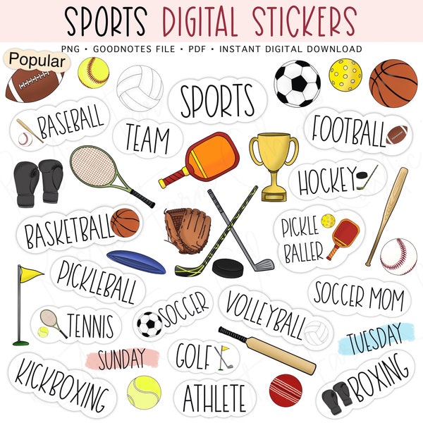 SPORTS Digital Stickers for GoodNotes, Pre-cropped Digital Planner Stickers, GoodNotes Stickers, Pickleball, Soccer, Bonus Stickers