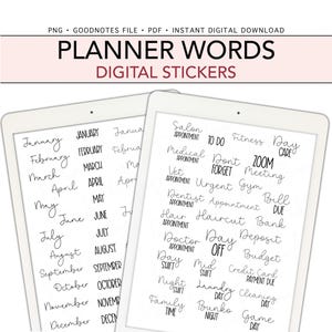 May include: Two digital tablets displaying planner words digital stickers. The text includes months of the year in various fonts and task labels like Salon Appointment, To Do, Fitness Day, Medical Appointment, Don't Forget, and Zoom Meeting.