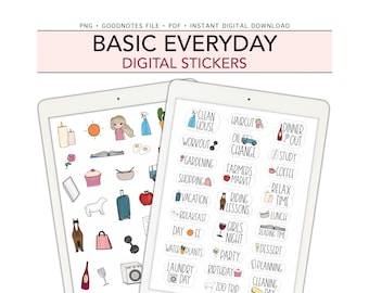 BASIC EVERYDAY Digital Stickers, Everyday Pre-cropped Digital Planner Stickers, GoodNotes, iPad Android PNG Stickers, Bonus Stickers