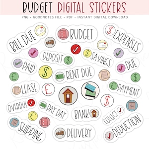 Budget Digital Stickers: Finance Planner, Bill Reminders (GoodNotes, PNG, PDF)