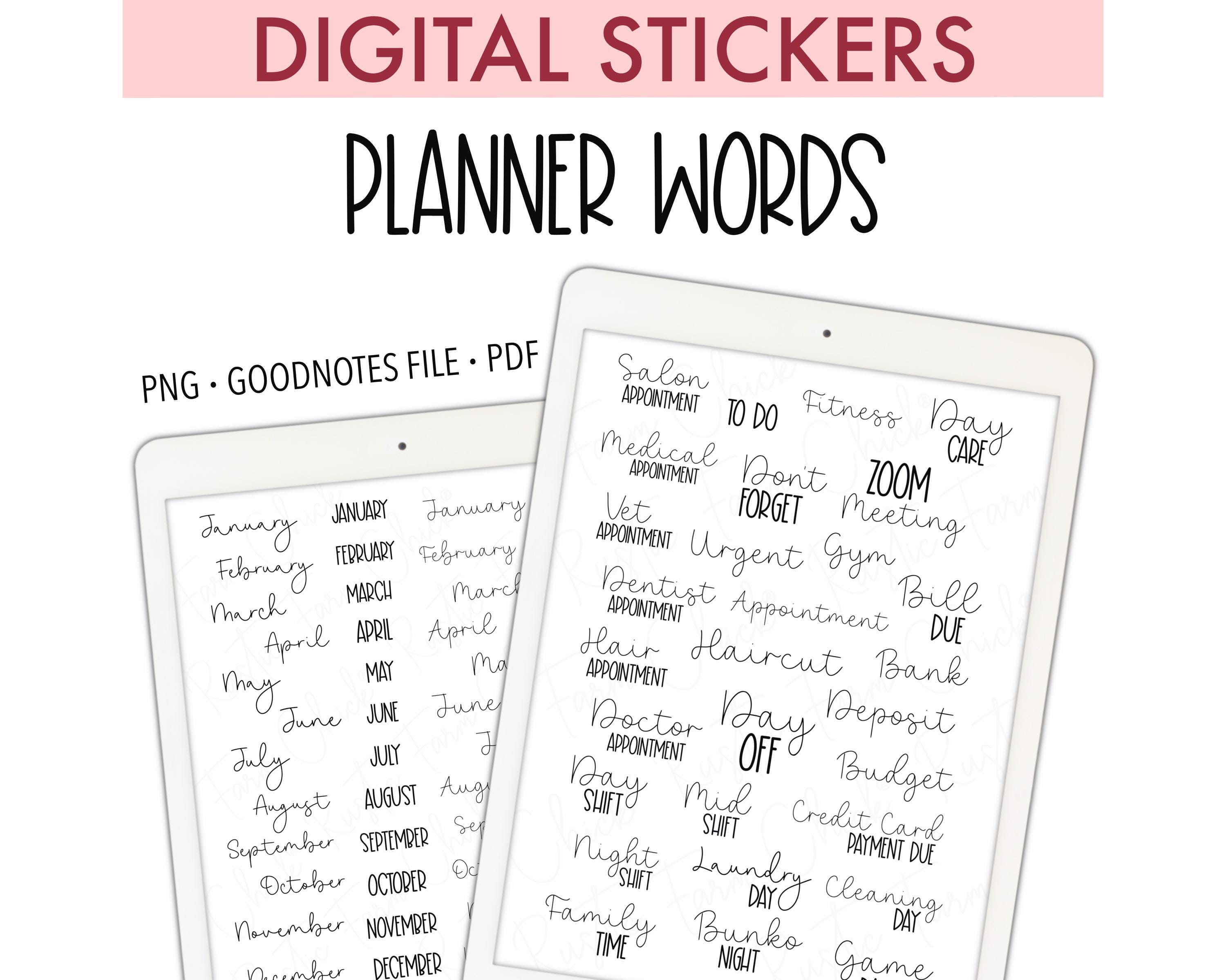 Planner Words Basic Calendar Digital Planner Stickers, GoodNotes Digital Stickers