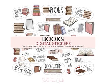 BOOKS Digital Stickers, Reading Bookish Pre-cropped Digital Planner Stickers, GoodNotes, Bonus Stickers