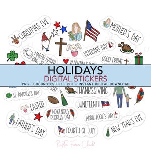 May include: Digital sticker set featuring various holiday-themed illustrations. Includes images for Christmas Eve, Mother's Day, Valentine's Day, and more. The text "Holidays Digital Stickers" is displayed prominently.