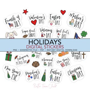 May include: A collection of digital stickers featuring holiday-themed designs. The stickers include text and illustrations for holidays like Valentine's Day, Easter, Mother's Day, and Christmas. The stickers are labeled "Holidays Digital Stickers".
