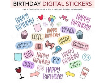 HAPPY BIRTHDAY Pre-cropped Digital Planner Stickers, GoodNotes Stickers, Bonus Stickers