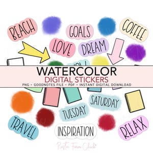 May include: Watercolor digital stickers with various words like "Beach," "Goals," and "Coffee." The stickers have a watercolor effect with pastel colors and fluffy accents. The text "Watercolor Digital Stickers" is also present.