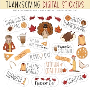 THANKSGIVING Digital Stickers, GoodNotes Stickers, Pre-cropped Digital Planner Stickers, Turkey, Pumpkin Pie, Bonus Stickers