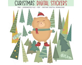 CHRISTMAS TREES Digital Stickers, GoodNotes Stickers, Holiday Pre-cropped Digital Planner Stickers, Bonus Stickers