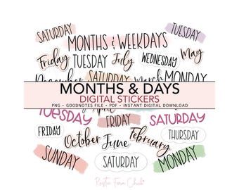 MONTHS & WEEKDAYS Digital Stickers, Basic Calendar Pre-cropped Digital Planner Words Stickers, GoodNotes Stickers, Bonus Stickers
