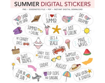 SUMMER, Seashells, Flip Flops, Mermaid, Beach, Pre-cropped Digital Planner Stickers, GoodNotes Stickers, Bonus Stickers