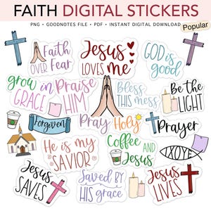 Puede incluir: Una colecci&oacute;n de pegatinas digitales con tem&aacute;tica de fe, con varios dise&ntilde;os y frases. Las pegatinas incluyen cruces, manos rezando y citas inspiradoras como "Jes&uacute;s me ama" y "Dios es bueno". Las pegatinas est&aacute;n disponibles en formato PNG, archivo GoodNotes y PDF.