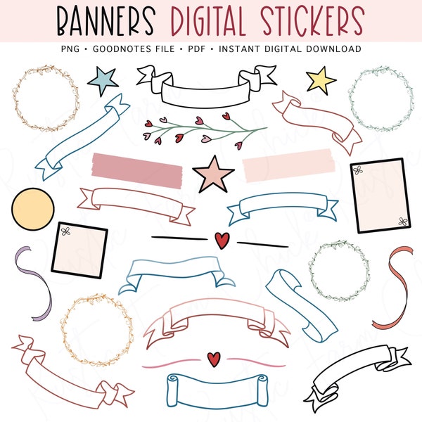BANNERS & BORDERS Digital Stickers, GoodNotes Stickers, Pre-cropped Digital Planner Stickers, Bonus Stickers