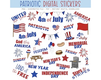 PATRIOTIC Digital Stickers, America 4th of July Holidays, Pre-cropped Digital Planner Stickers, GoodNotes Stickers, Bonus Stickers