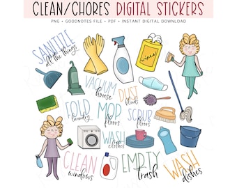 CLEANING Digital Stickers for GoodNotes, Chores Pre-cropped Digital Planner Stickers, GoodNotes Stickers, Bonus Stickers