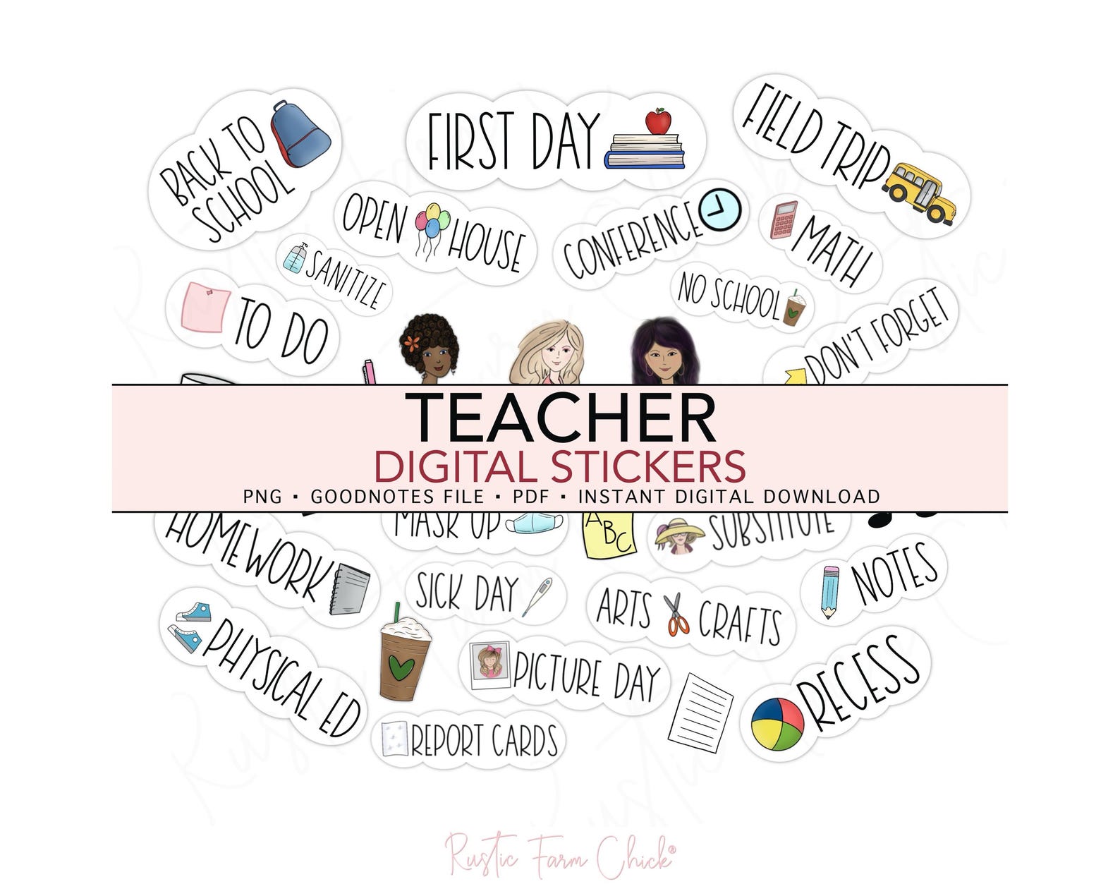 TEACHER Digital Stickers, School Classroom Pre-cropped Digital Planner ...
