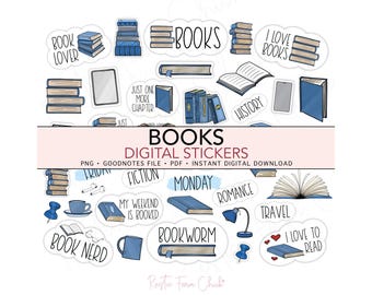 BÜCHER Digitale Aufkleber, Lektüre Bookish vorgeschnittene digitale Planer Aufkleber, GoodNotes, Bonus Aufkleber