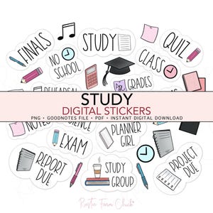 Pegatinas digitales de ESTUDIO, pegatinas digitales precortadas para planificador escolar de estudiantes, GoodNotes, pegatinas de bonificación