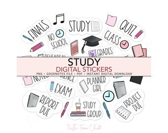 STUDY Digital Stickers, School Student Pre-cropped Digital Planner Stickers, GoodNotes, Bonus Stickers