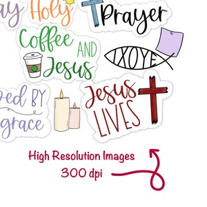 Puede incluir: Una colecci&oacute;n de pegatinas coloridas con temas religiosos. Los dise&ntilde;os incluyen las palabras &laquo;Oraci&oacute;n&raquo;, &laquo;Jes&uacute;s vive&raquo; y &laquo;Caf&eacute; y Jes&uacute;s&raquo;. Otras pegatinas presentan cruces, velas y el s&iacute;mbolo Ichthys. La imagen tambi&eacute;n incluye el texto &laquo;Im&aacute;genes de alta resoluci&oacute;n 300 ppp&raquo;.