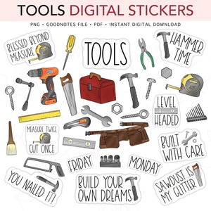 May include: Digital stickers of tools including hammers, saws, and measuring tapes. The stickers have phrases such as "Hammer Time" and "Build Your Own Dreams". The color palette includes orange, red, and gray.