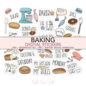 Pode incluir: Um conjunto de autocolantes digitais de pastelaria com ilustrações de utensílios de cozinha, produtos de panificação e frases como "Baking" e "Love at First Bite". Os autocolantes são em várias cores e estilos, ideais para artesanato digital.