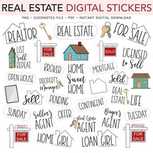 May include: A collection of digital stickers featuring real estate themes, including house outlines, keys, and signs with text like Realtor, For Sale, Sold, Home Sweet Home, and Broker. The set includes various hand-lettered phrases and icons.