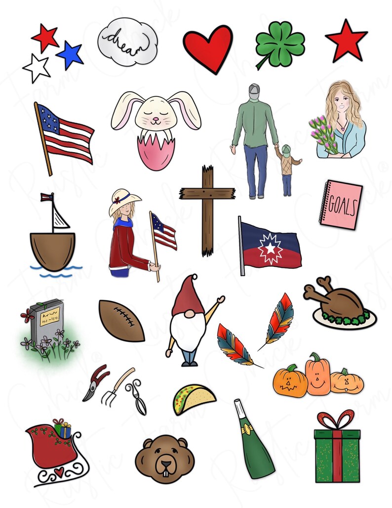 May include: A collection of colorful illustrations featuring a variety of objects and symbols. Includes a red heart, a green shamrock, a red star, an American flag, a sailboat, a cross, a football, a gnome, pumpkins, a turkey, and a gift box.