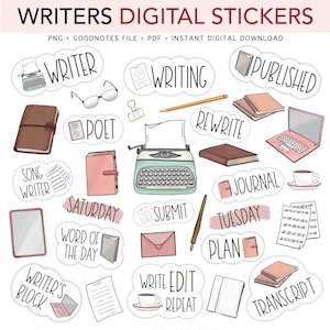 May include: Digital stickers for writers featuring illustrations of writing-related items. Includes a typewriter, notebooks, a laptop, and words like "Writer," "Writing," and "Published." The stickers are designed for digital use and are available as a PNG, GoodNotes file, PDF, and instant download.