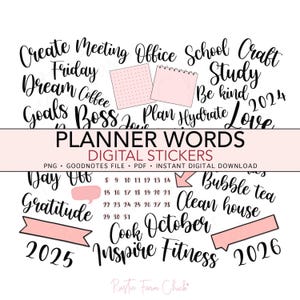 Naklejki cyfrowe z czcionką kaligraficzną PLANERA, podstawowe codzienne naklejki GoodNotes z przyciętymi krawędziami, naklejki bonusowe