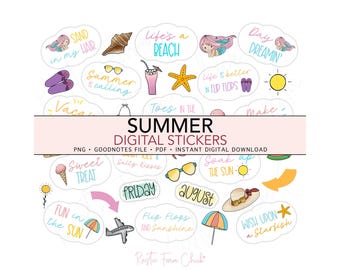 SUMMER Beach Pre-cropped Digital Planner Stickers, GoodNotes Stickers, Bonus Stickers