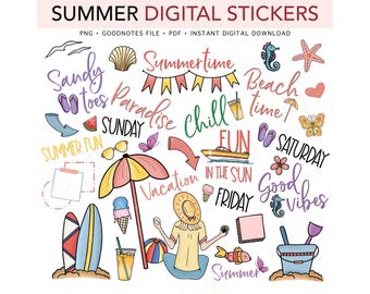 SUMMER, Beach, Seashells, Vacation, Pre-cropped Digital Planner Stickers, GoodNotes Stickers, Bonus Stickers