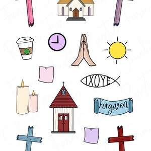 Puede incluir: Una colecci&oacute;n de ilustraciones de tem&aacute;tica religiosa. Incluye una iglesia, cruces, una taza de caf&eacute;, un reloj, manos rezando, un sol, velas, un s&iacute;mbolo de pez, una pancarta con la palabra "Forgiven", una peque&ntilde;a capilla, una nota y un libro abierto.