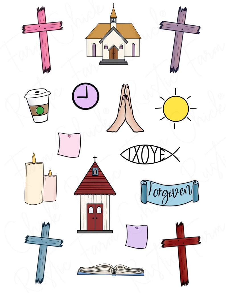 Puede incluir: Una colecci&oacute;n de ilustraciones de tem&aacute;tica religiosa. Incluye una iglesia, cruces, una taza de caf&eacute;, un reloj, manos rezando, un sol, velas, un s&iacute;mbolo de pez, una pancarta con la palabra "Forgiven", una peque&ntilde;a capilla, una nota y un libro abierto.