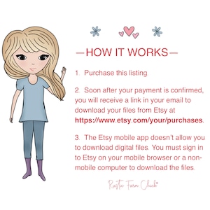 May include: A cartoon illustration of a girl with blonde hair and blue eyes, waving her hand. The text "HOW IT WORKS" is written in red above a list of instructions for downloading digital files from Etsy. The instructions include a link to the Etsy website.