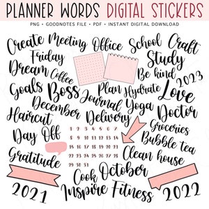 PLANNER WORDS Digital Stickers, Basic Calendar Pre-cropped Digital Planner Stickers, GoodNotes Stickers, Bonus Stickers
